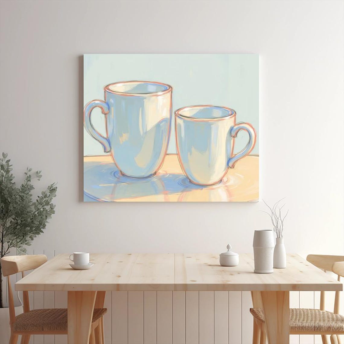 Two Pale Blue Mugs Empty on Sunlit Table Painterly Still Life Poster