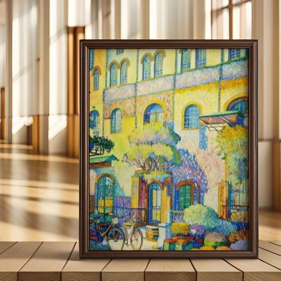 Colorful Street Bicycles Historic Town Pointillist European Art Poster