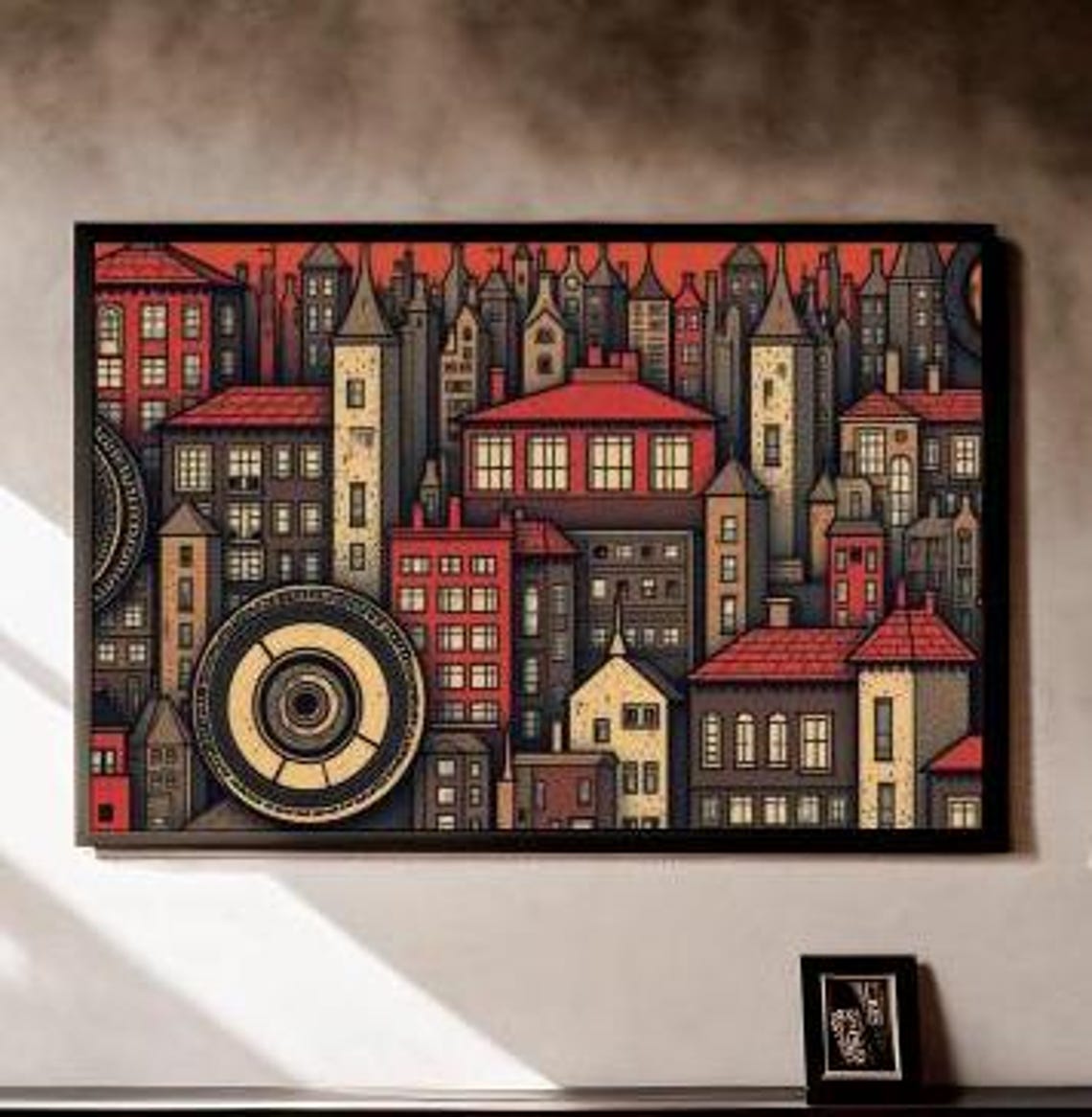 Dark Old Town Rooftops Clock Motif Red Roofs Gothic City Art Poster