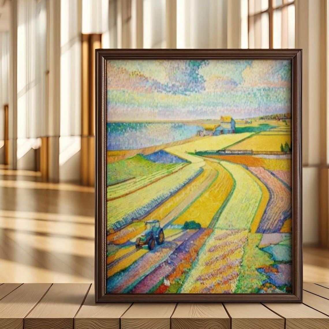 Colorful Pointillist Farmland With Tractor Under Sunny Sky Poster