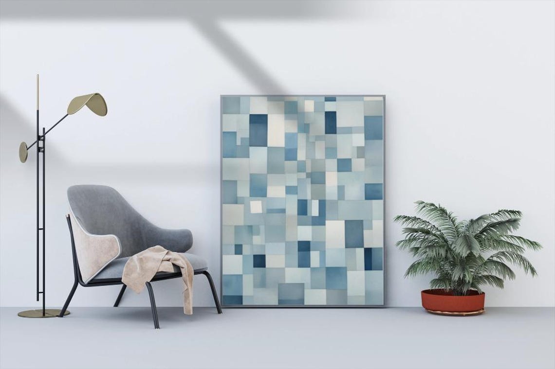 Cool Blue Gray Geometric Square Mosaic Minimalist Abstract Poster