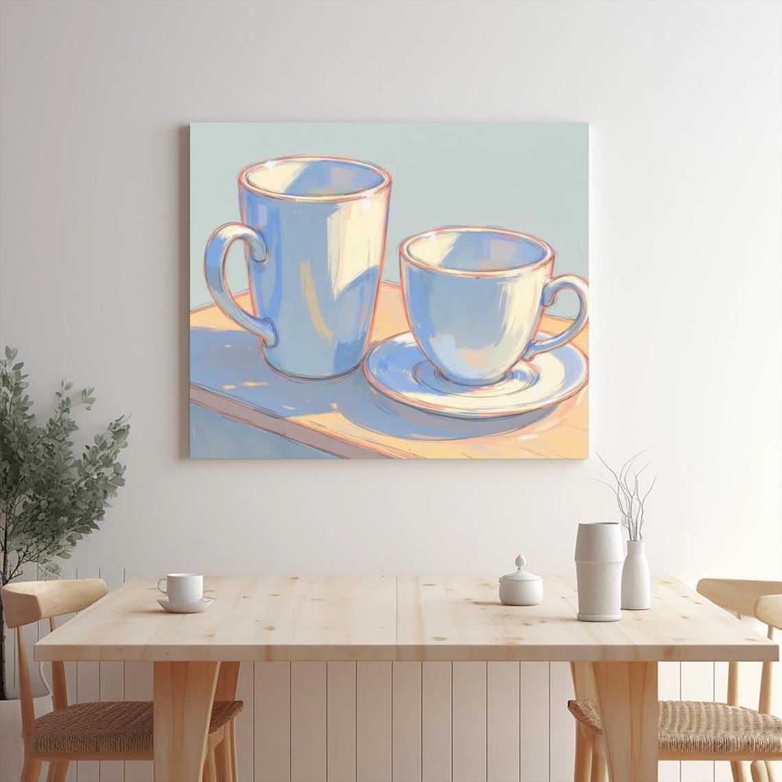 Tall Pale Blue Mug and Teacup on Saucer Pastel Kitchen Art Poster