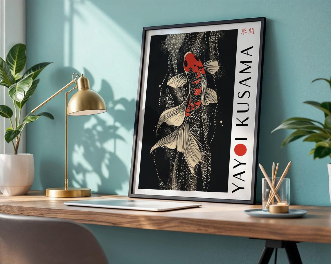 Red And Black Koi Fish In Cascading White Dot Streams Kusama Poster - Image 4
