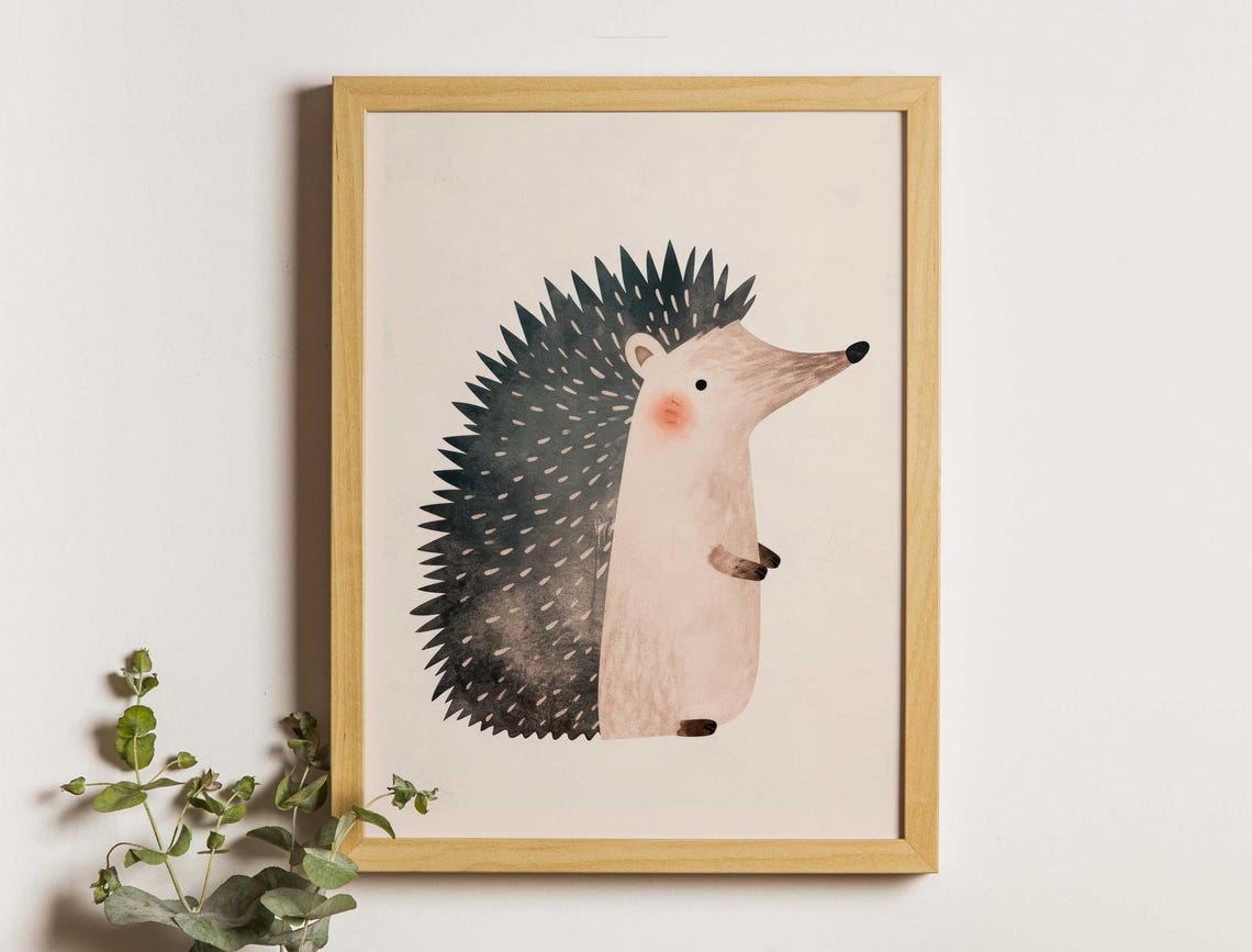 Cute Watercolor Hedgehog Standing Side Profile Nursery Poster