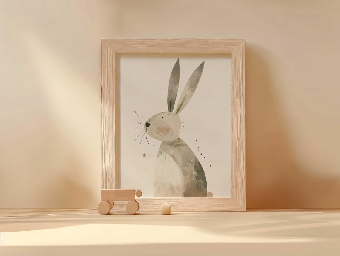 Watercolor Gray Rabbit With Tall Ears Minimal Nursery Poster