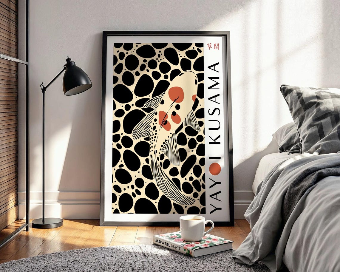 White Koi Fish With Bold Orange Spots Kusama Inspired Poster - Image 2