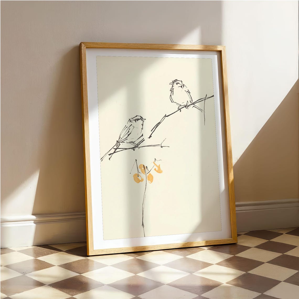 Minimalist Ink Sparrows On Bare Branch Japanese Style Poster