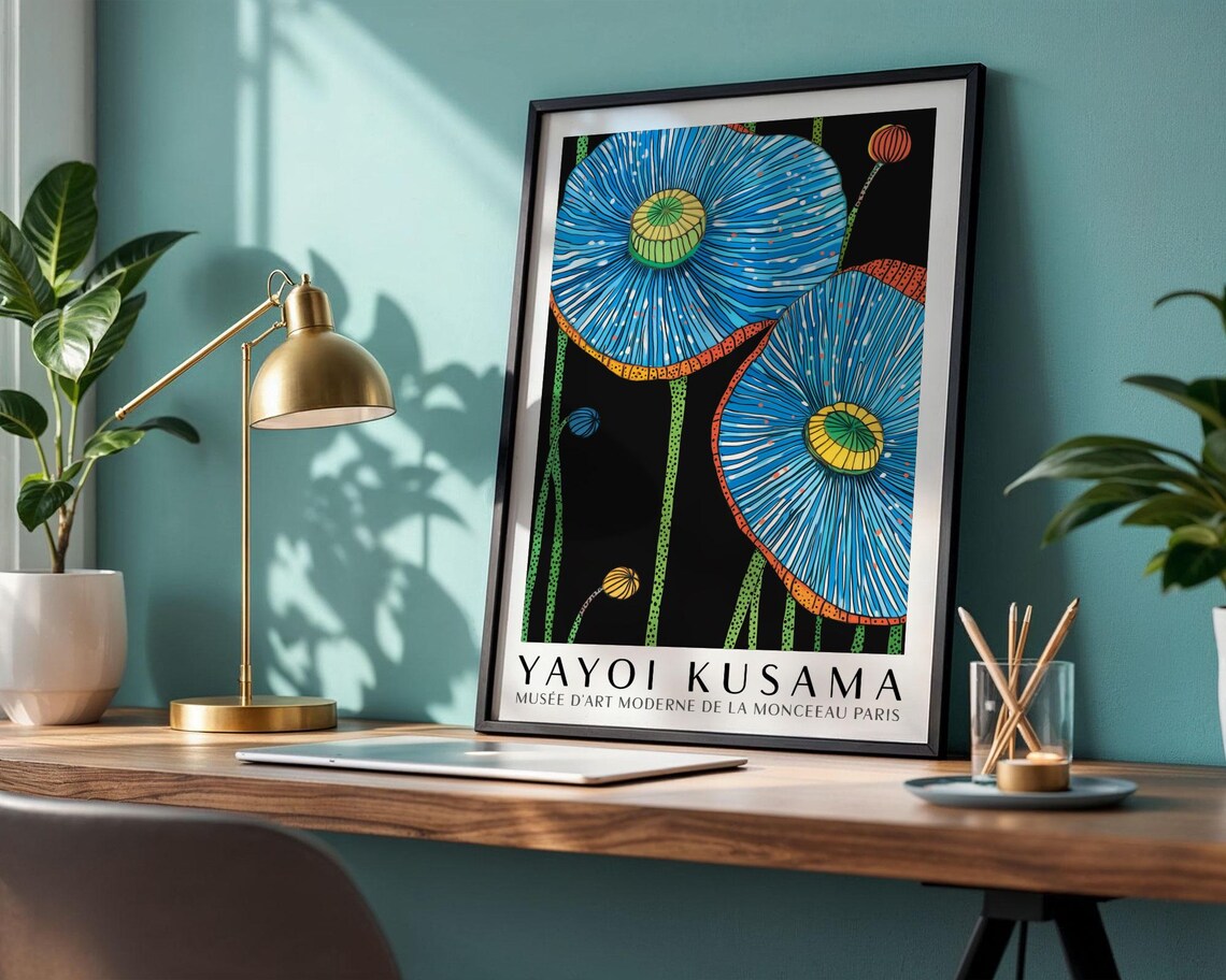 Yayoi Kusama Vivid Blue Poppy Flowers on Black Museum Poster - Image 4