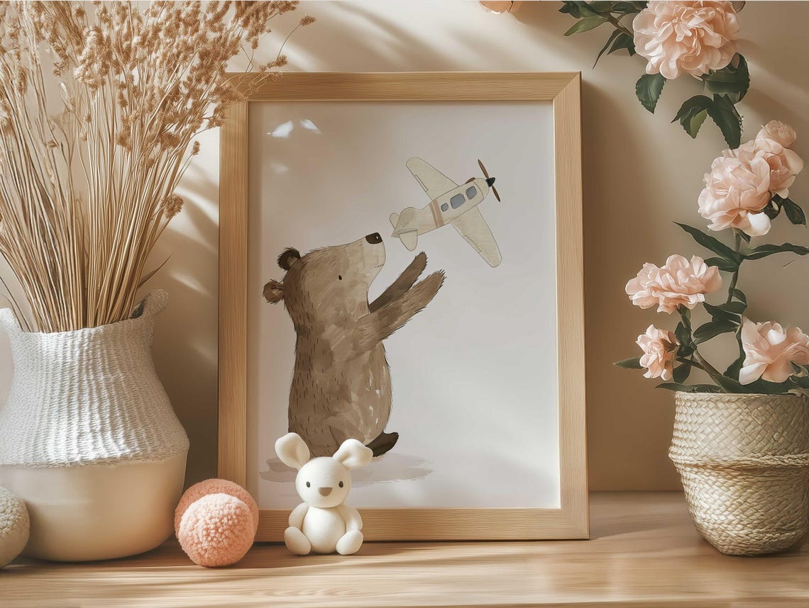 Bear Cub Reaching For Cream Toy Airplane Neutral Nursery Poster - Image 5