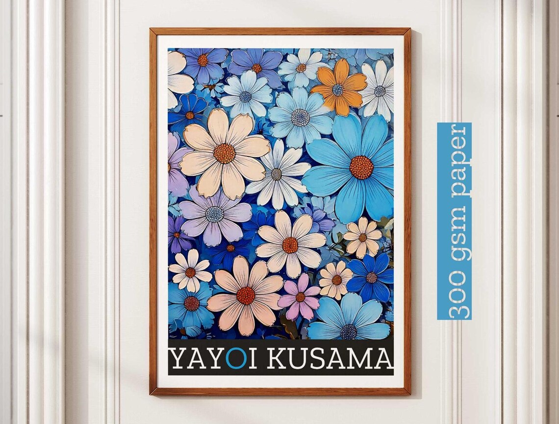 Yayoi Kusama Inspired Blue Daisy Flower Meadow Scene Art Poster