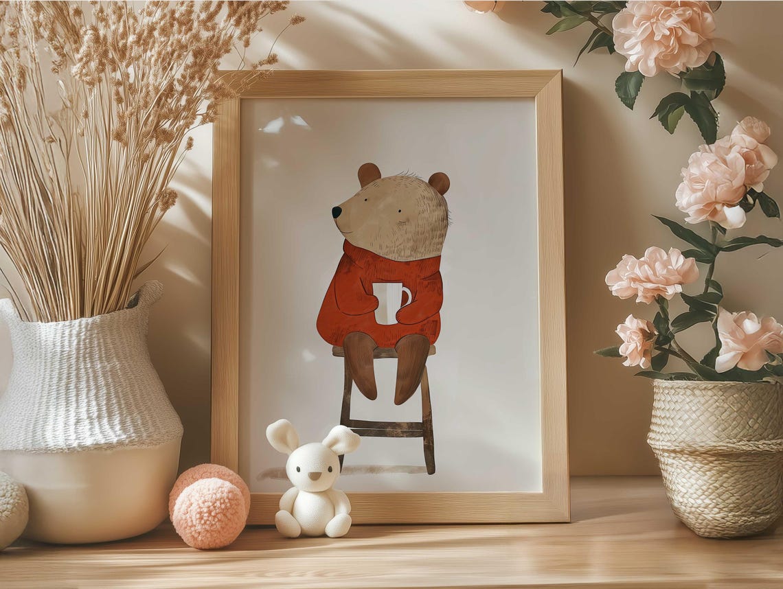 Cozy Little Bear In Red Sweater Sipping Warm Cocoa Nursery Poster - Image 5