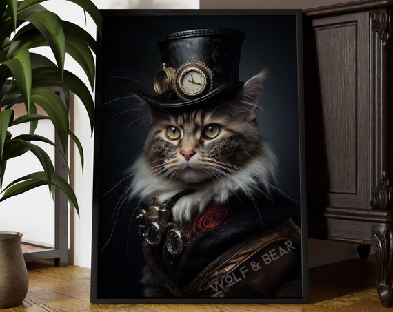 Steampunk Cat Art Print, Renaissance Maximalist Vintage