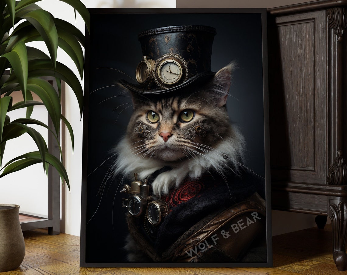 Steampunk Cat Art Print, Renaissance Maximalist Vintage