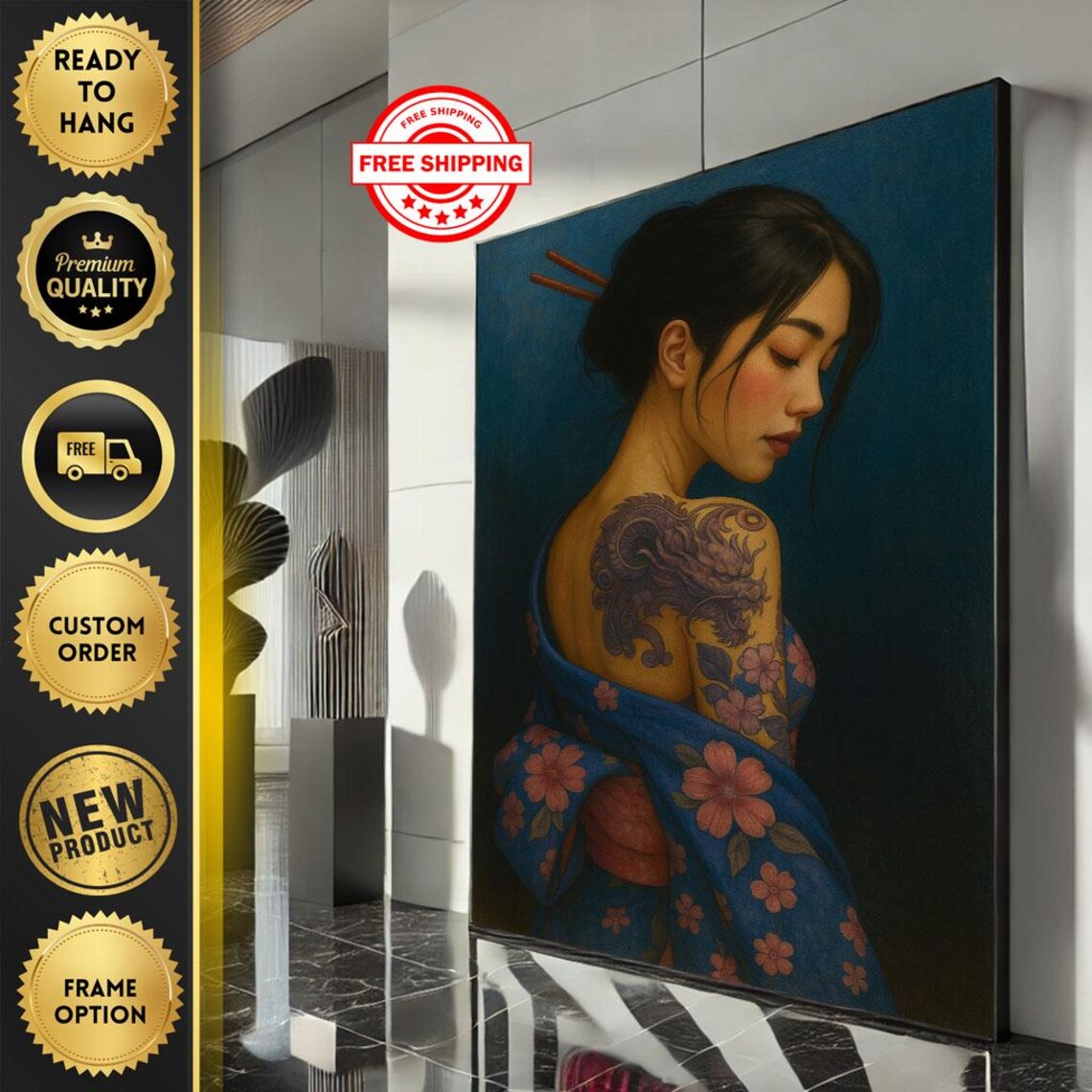 Elegant Japanese Woman Dragon Tattoo Blue Kimono Portrait Oil Painting Poster