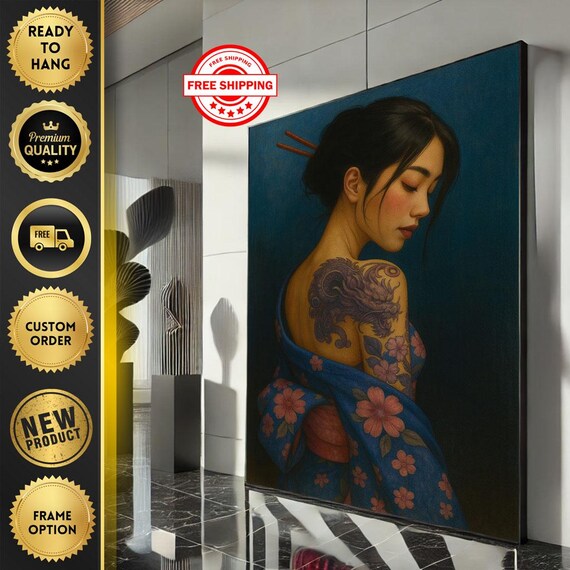 Elegant Japanese Woman Dragon Tattoo Blue Kimono Portrait Oil Painting Poster