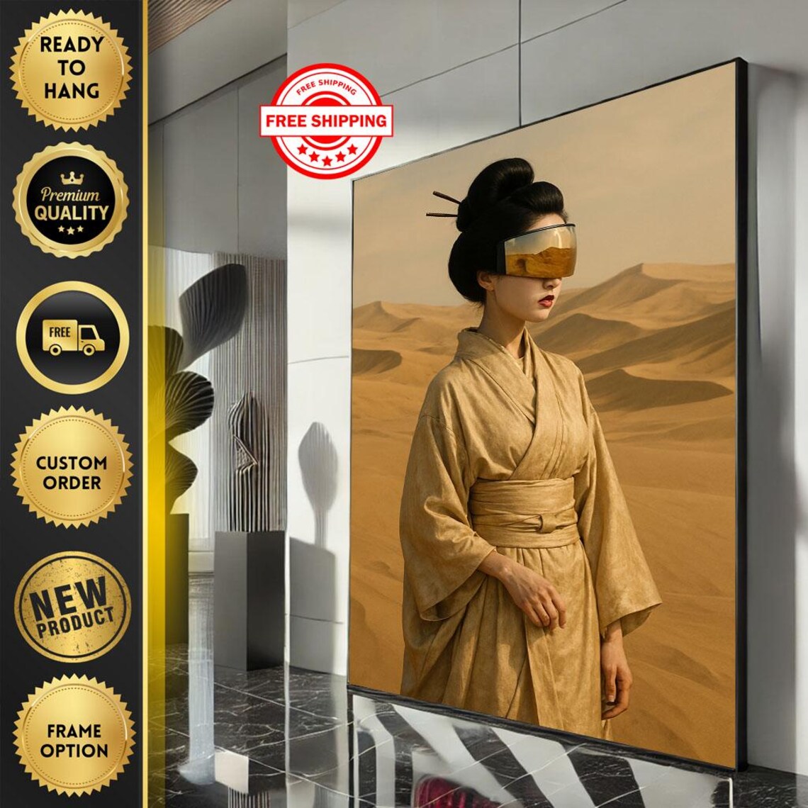 Golden Desert Woman In Kimono Futuristic Visor Dune Art Poster
