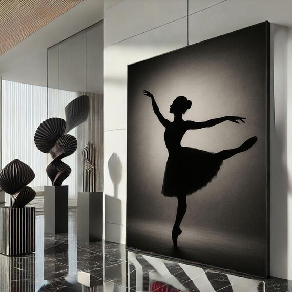 Ballerina Silhouette Arabesque Spotlight Black White Dance Poster