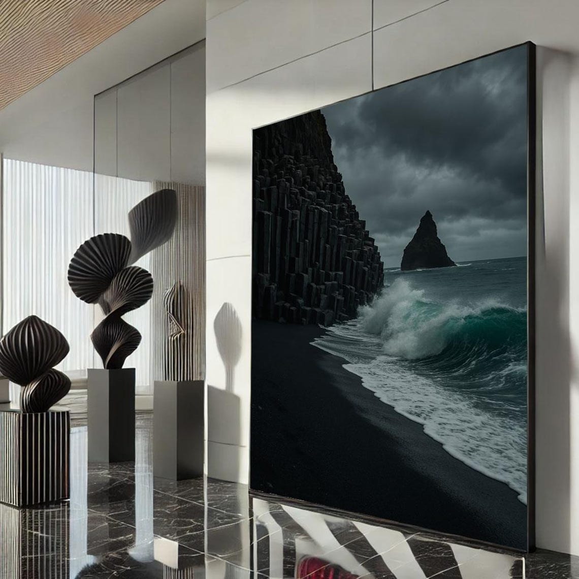 Black Sand Beach Basalt Cliffs with Crashing Ocean Wave Poster