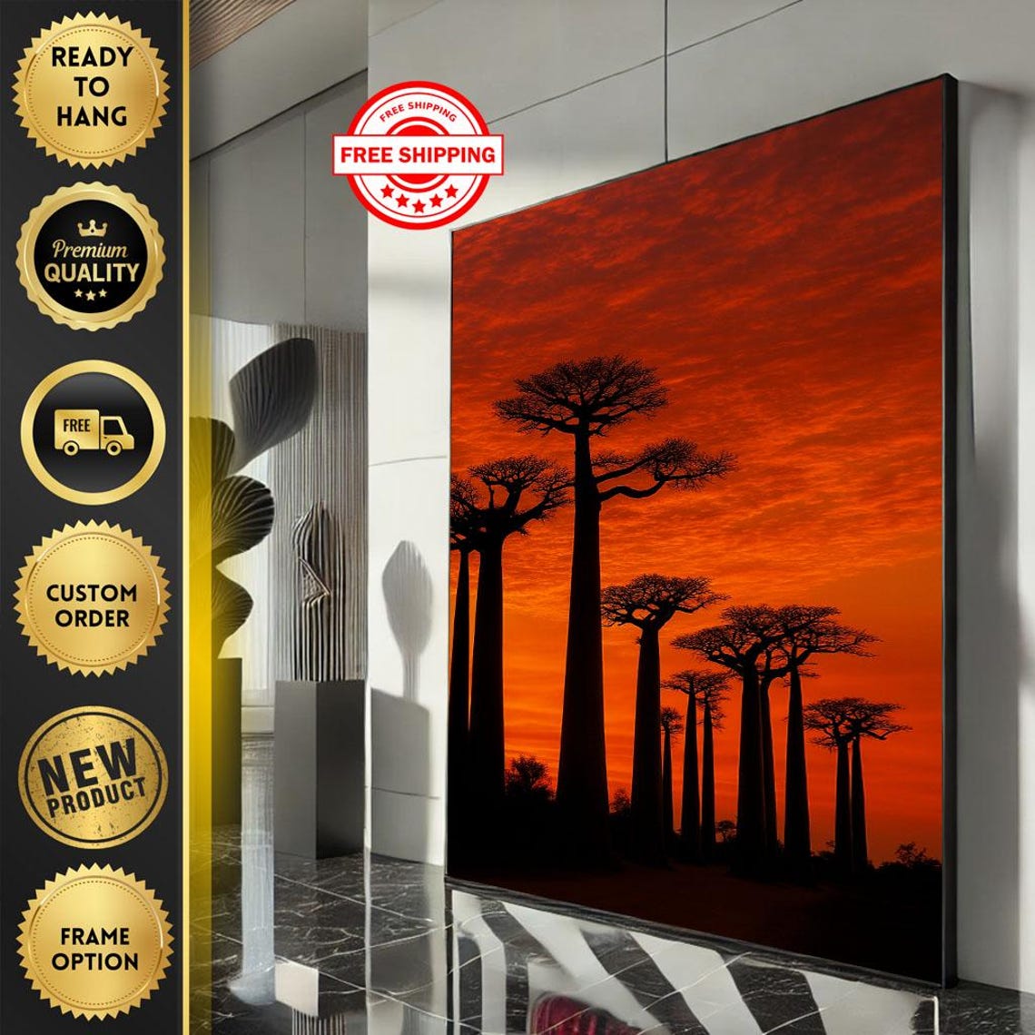 Baobab Tree Sunset Silhouette African Landscape Artwork Poster