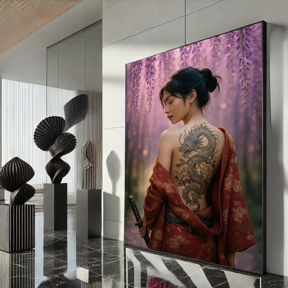 Japanese Geisha With Dragon Tattoo Canvas Wall Art Print Elegant Bedroom Decor Statement Piece