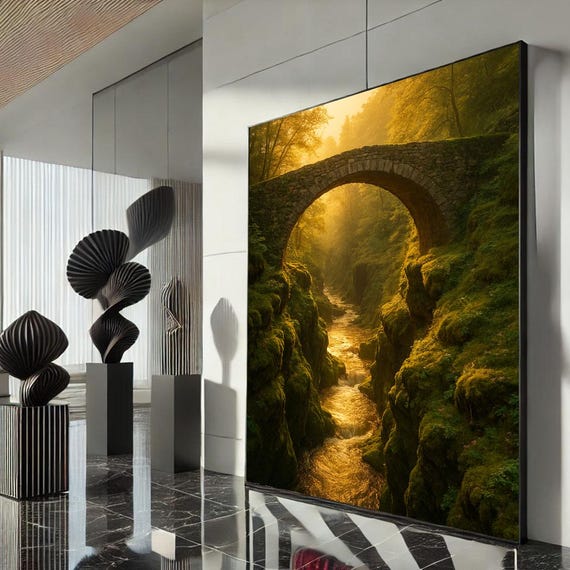 Enchanted Stone Bridge In Forest Canvas Wall Art Print Lush Green Living Room Decor Ready To Hang
