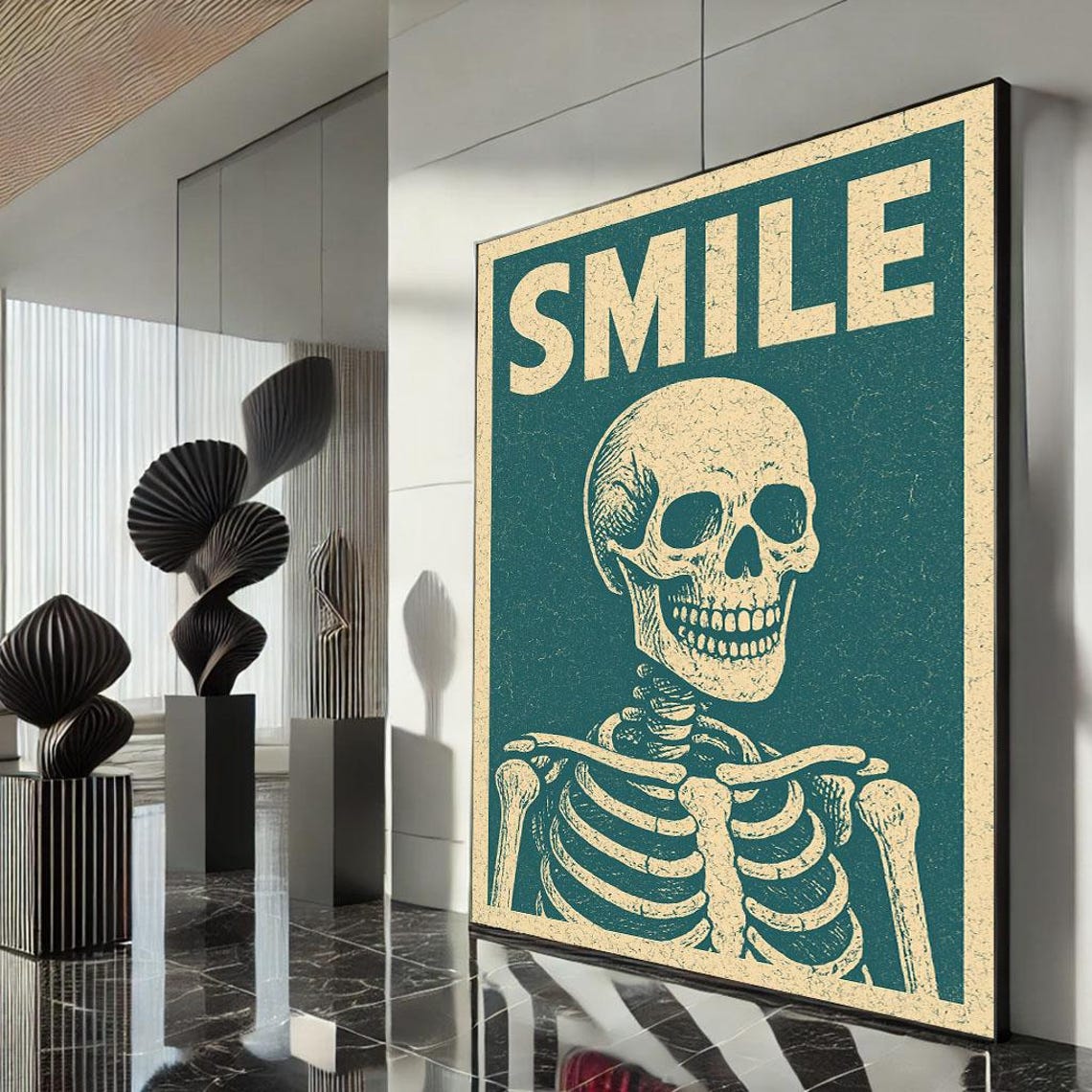 Smile Skull Pop Art Vintage Teal Cream Skeleton Retro Poster