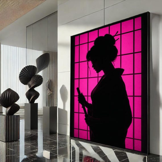 Japanese Geisha Silhouette Canvas Wall Art Print Bold Pink Living Room Decor Statement Piece