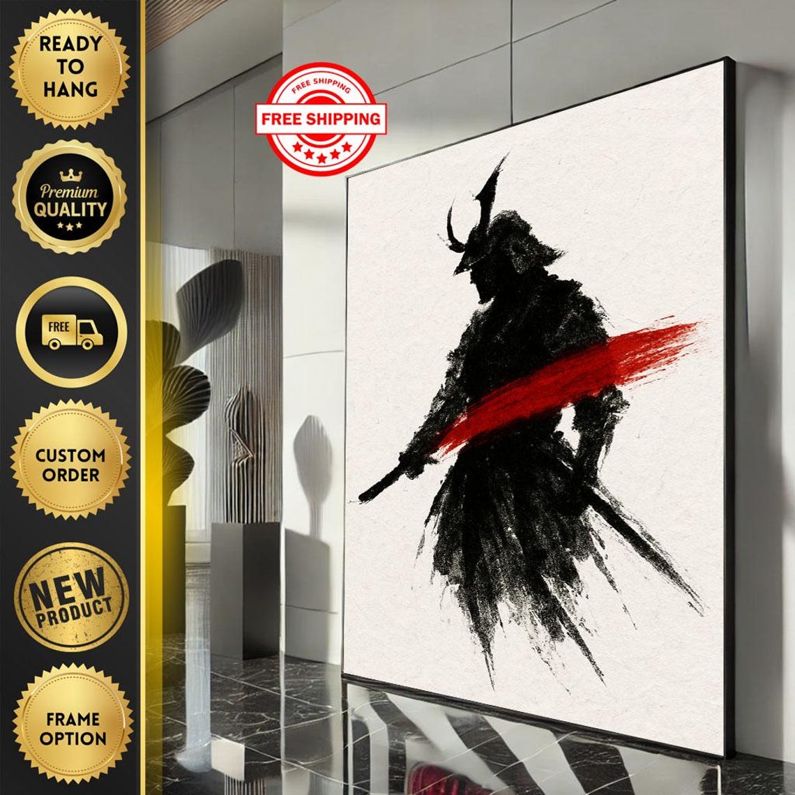 Empowered Samurai Warrior Canvas Wall Art Print Bold Japanese Style With Red Accent Living Room Decor Statement Piece