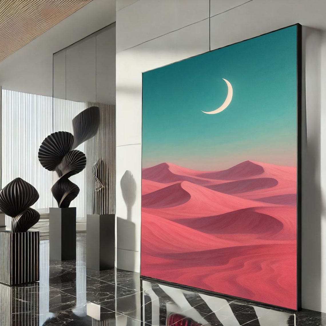 Pink Sand Dunes Under a Teal Sky With Glowing Crescent Moon Poster