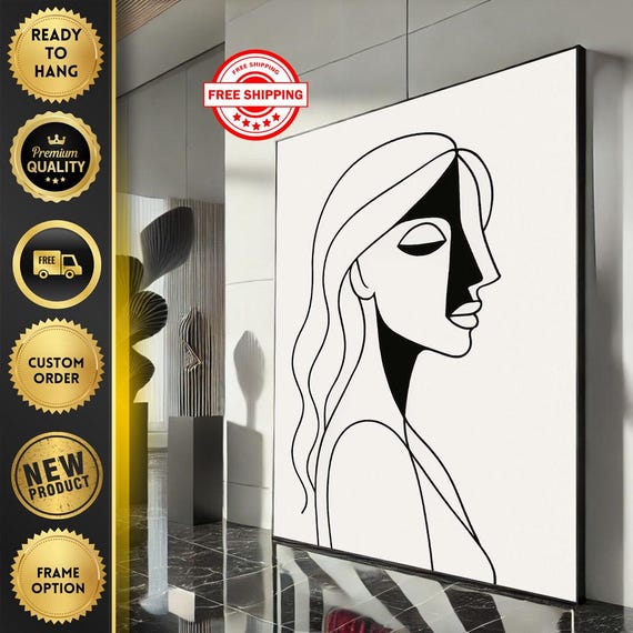 Minimalist Abstract Female Portrait Canvas Wall Art Print Monochrome Living Room Decor Ready To Hang