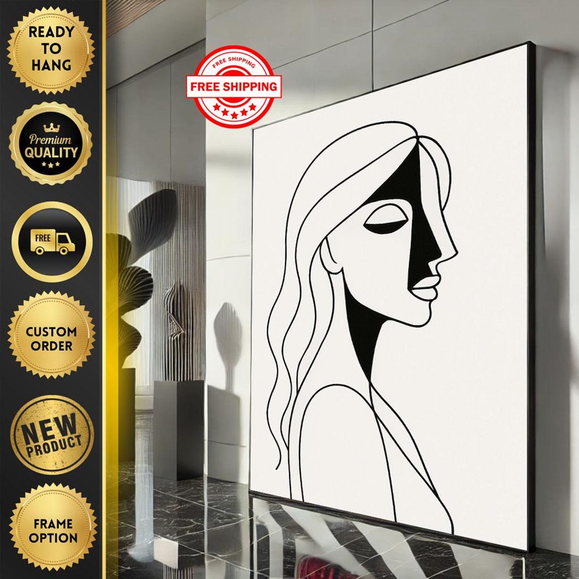 Minimalist Single Line Woman Face Profile Black On White Poster