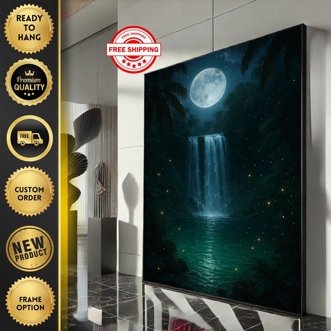 Moonlit Waterfall In A Dark Forest Surrounded By Fireflies Poster