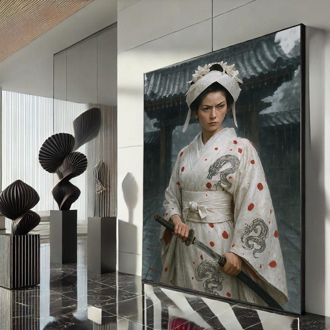 Samurai Bride White Kimono Dragon Motif Katana Rainy Temple Poster