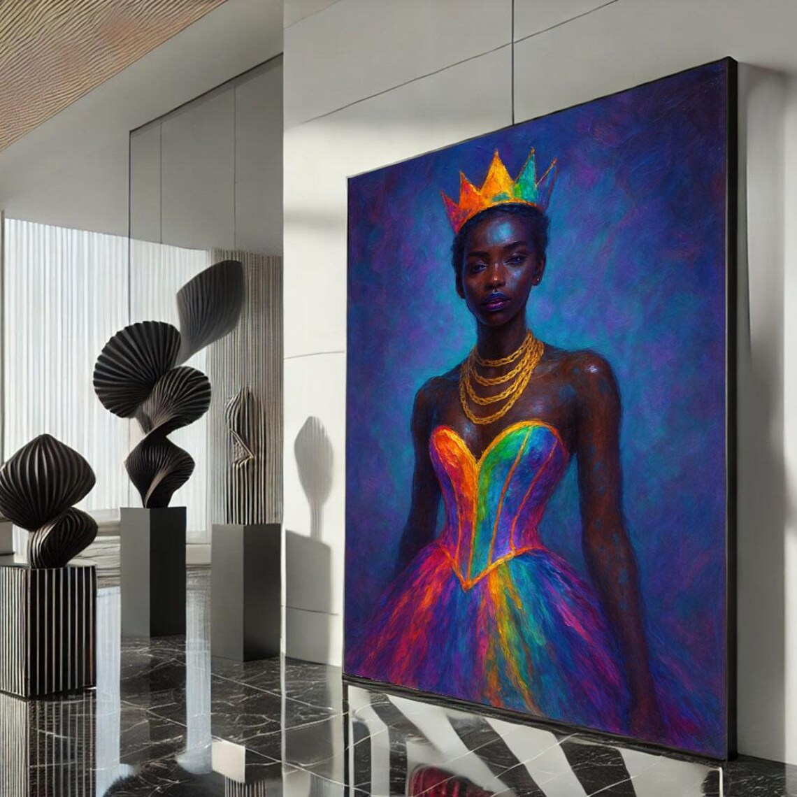 Rainbow Crown Portrait of Regal Black Queen in Colorful Gown Poster