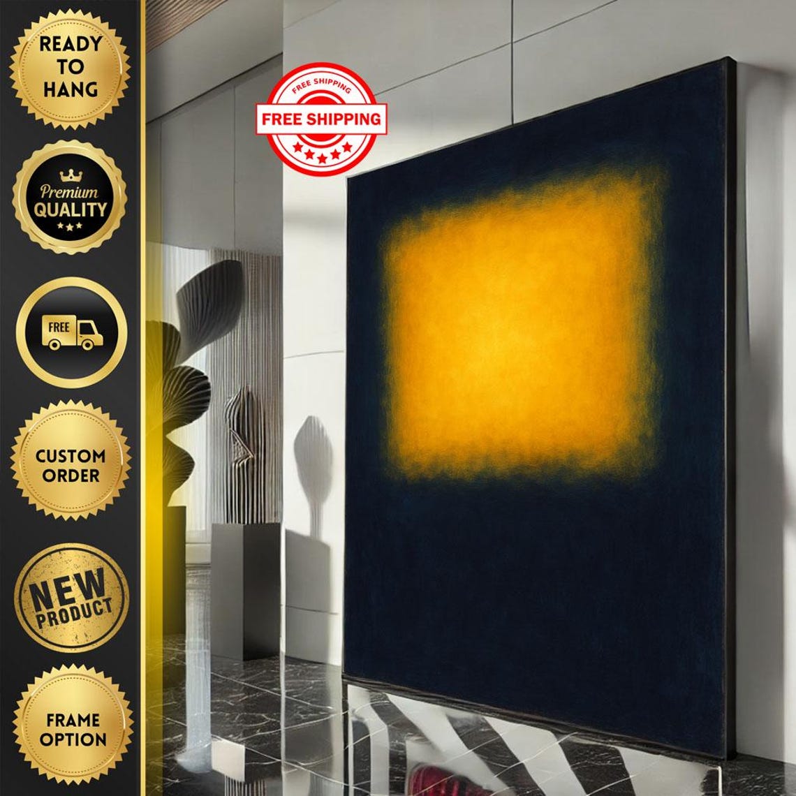 Rothko-Style Bright Golden Yellow Over Deep Black Abstract Poster