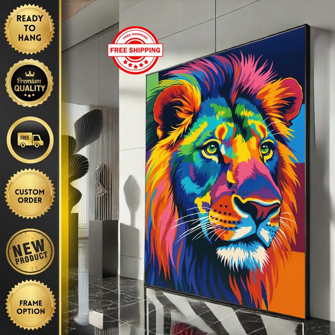 Vibrant Lion Portrait Canvas Wall Art Print Modern Abstract Living Room Decor Ready To Hang