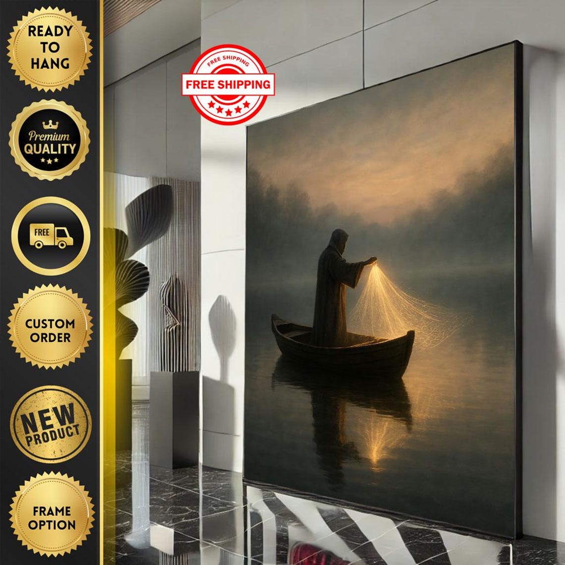 Lone Boatman Drifting on a Foggy Lake at Sunset Silhouette Poster