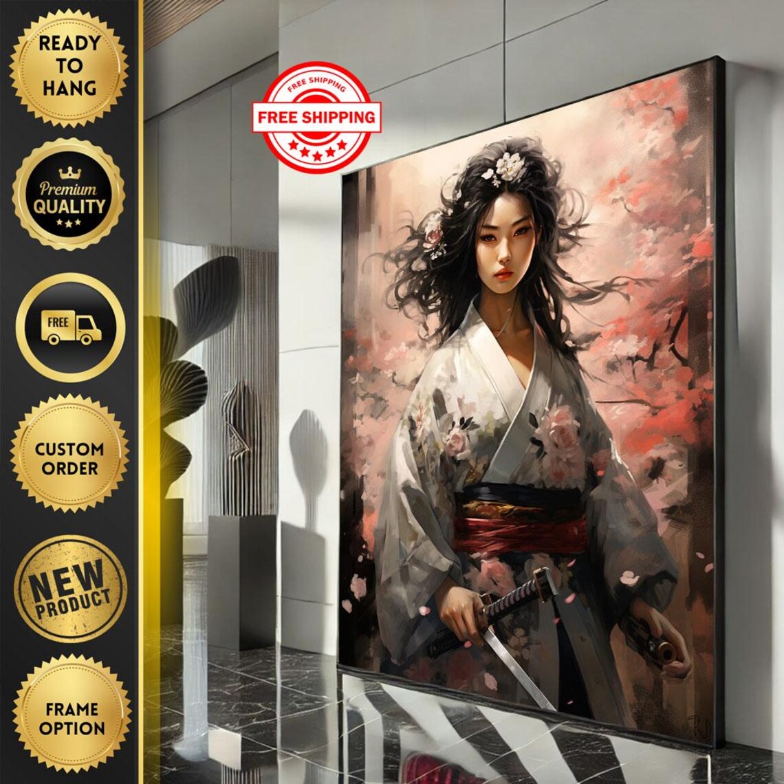 Elegant Samurai Woman in White Floral Kimono Cherry Blossom Poster