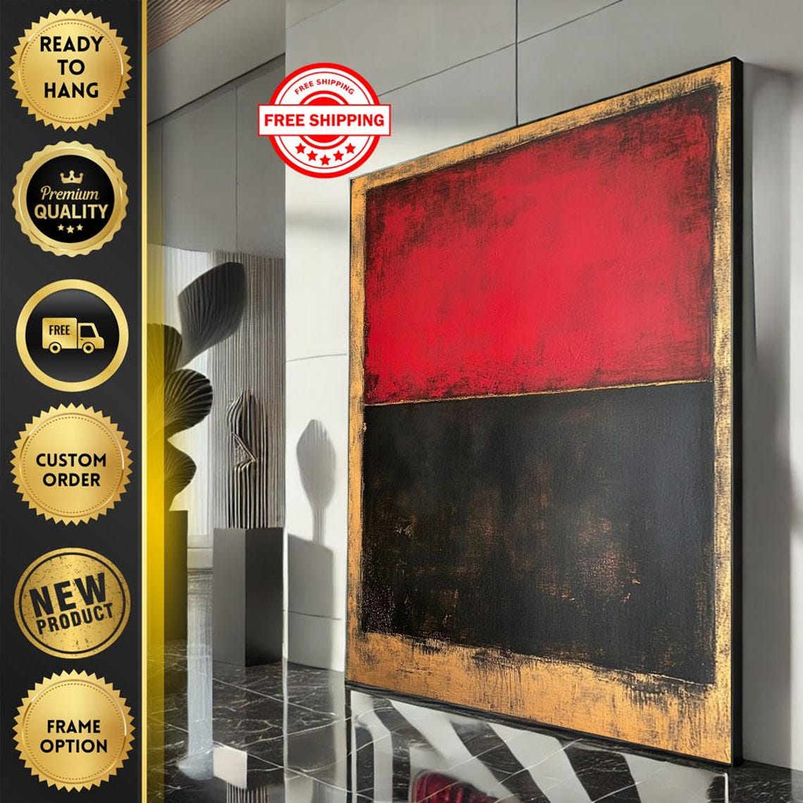 Rothko Inspired Red and Black Color Field with Gold Border Poster
