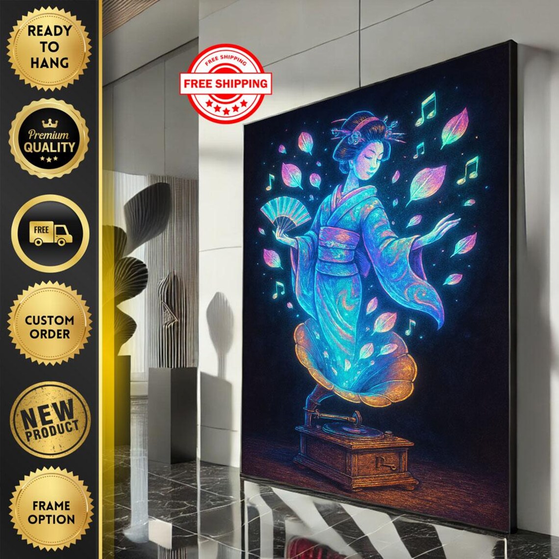 Glowing Geisha With Fan Rising From Gramophone Neon Music Art Print