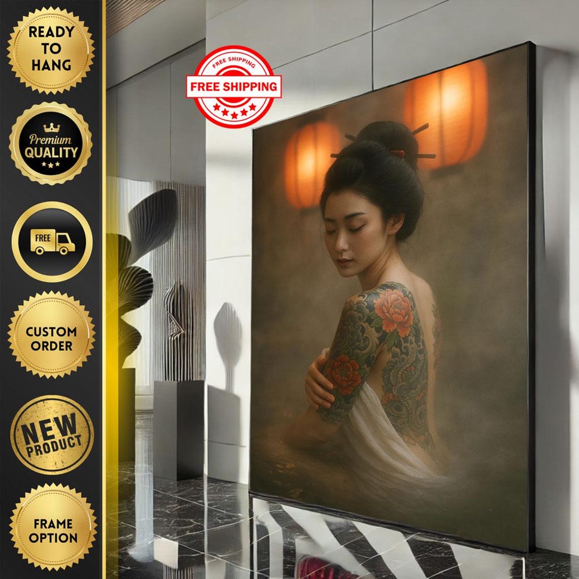 Tattooed Japanese Woman In Steamy Bathhouse Warm Lantern Poster