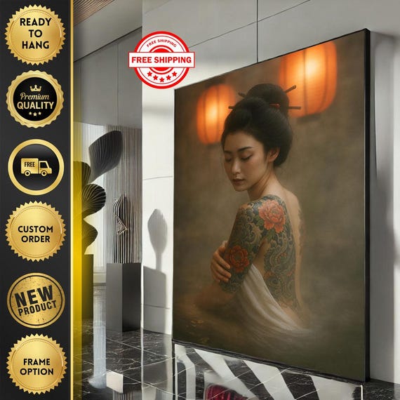 Elegant Japanese Woman Tattoo Canvas Wall Art Print Zen Bedroom Decor Ready To Hang