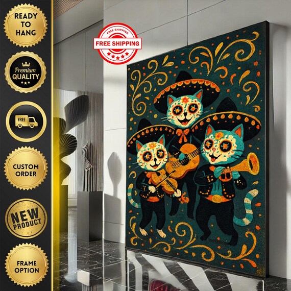 Mariachi Cats Playing Music Day Of The Dead Folk Art Style Poster