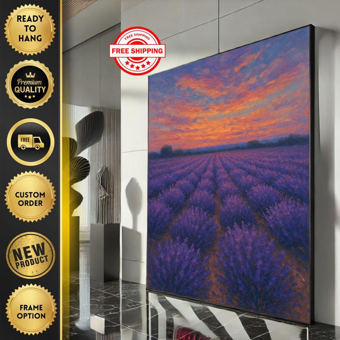 Lavender Field at Sunset with Fiery Orange Sky Impressionist Poster