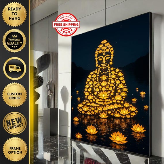 Serene Buddha Canvas Wall Art Print Illuminated Zen Spiritual Living Room Decor Ready To Hang