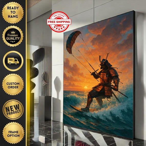 Dynamic Samurai Kitesurfing Canvas Wall Art Print Bold Modern Living Room Decor Statement Piece