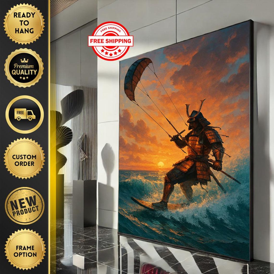 Samurai Kitesurfer Sunset Ocean Wave Japanese Warrior Poster