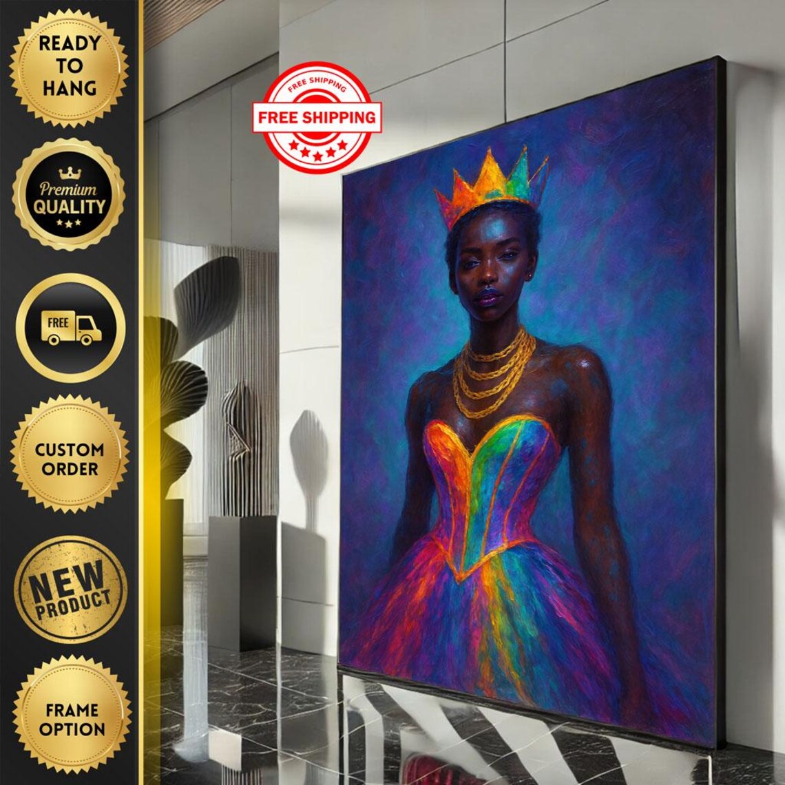 Colorful African Queen with Crown Rainbow Portrait Painting Poster