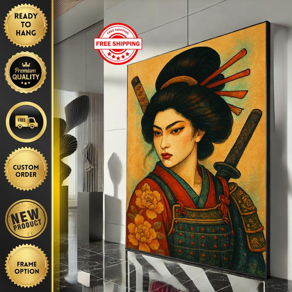Female Samurai Armor Katana Golden Japanese Warrior Art Poster