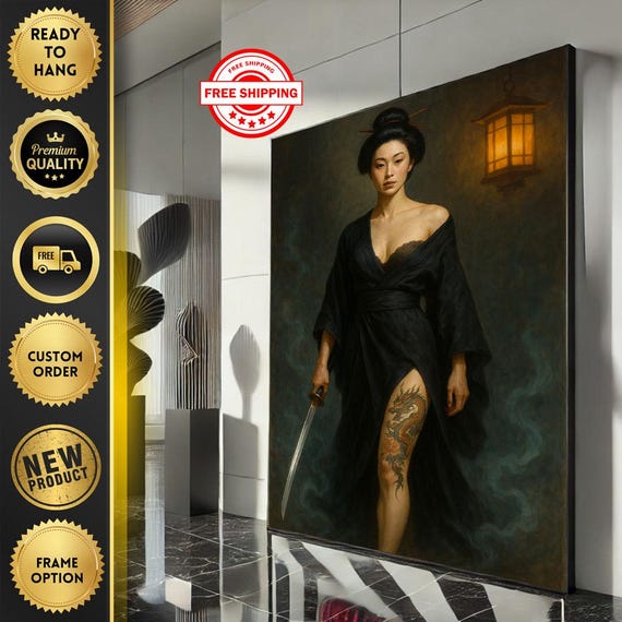 Mysterious Japanese Woman With Sword Canvas Wall Art Print Moody Bedroom Decor Statement Piece